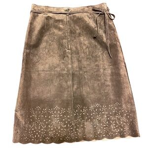 Isaac Mizrahi Brown Leather Floral Laser Cut Midi Length Belted Skirt Women's 4